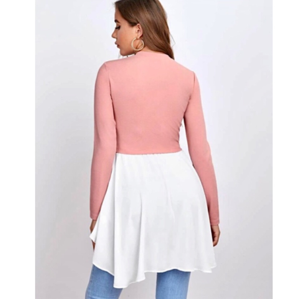 Blouse Shirt Office Baby Pink Two Tone Color Block Blouse Skirt one piece